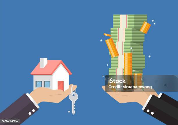 Hand Gives Home And Key To Other Hand With Money Cash Stock Illustration - Download Image Now