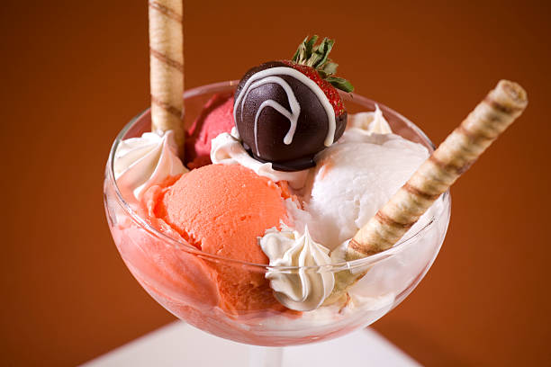dessert of fruit salad and icecream served on a white china plate