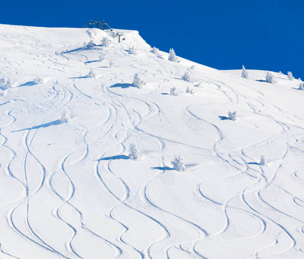 piste da sci su neve fresca - ski trace foto e immagini stock