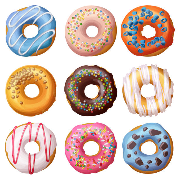 Set of cartoon donuts isolated on white background Set of cartoon donuts isolated on white background. Vector illustration donuts stock illustrations