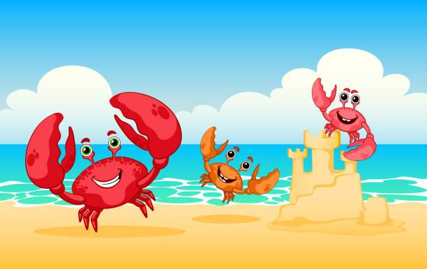 ilustrações de stock, clip art, desenhos animados e ícones de vector illustration sea animals. illustration of  happy red crab.  family of crabs on a beach, vector red crab. sea beach. rest on the beach. - vector sand summer smiling