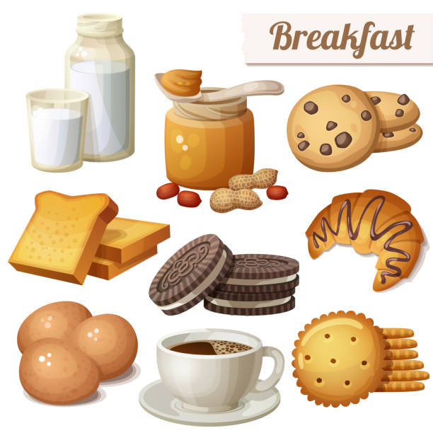 ilustrações de stock, clip art, desenhos animados e ícones de breakfast 3. set of cartoon vector food icons - cookie chocolate chip chocolate chip cookie cartoon