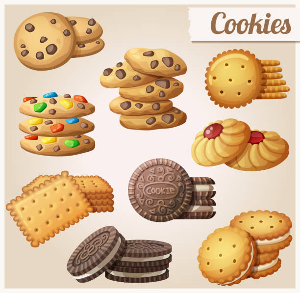 illustrations, cliparts, dessins animés et icônes de cookies. ensemble d’icônes de vecteur de dessin animé. - chocolate chip cookie cookie chocolate stack