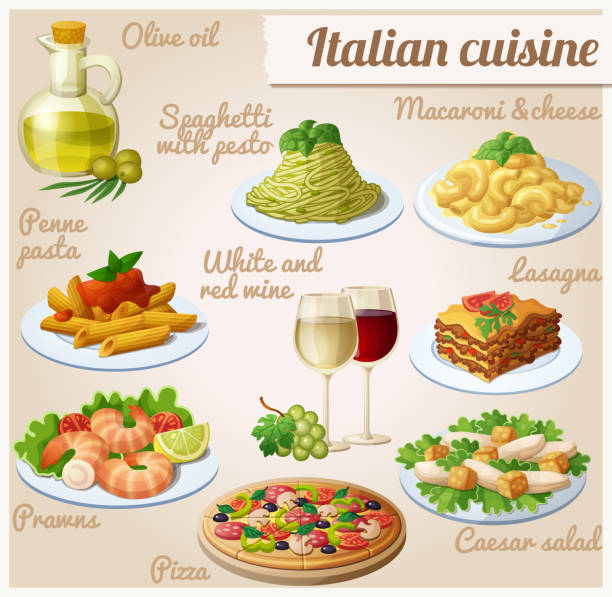 набор иконок еды. итальянская кухня - food italian culture salad spaghetti stock illustrations