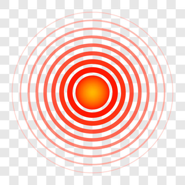 illustrations, cliparts, dessins animés et icônes de ciblent les cercles anneau couleur de sang, le signe d’un symbole de la douleur, vecteur d’anneaux translucides pointant vers la source des maux de la douleur, signe clinique de la maladie - anti inflammatoire