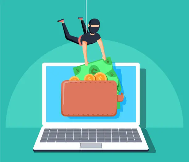 Vector illustration of Computer hacker character stealing money online. Vector flat cartoon illustration. Internet personal access