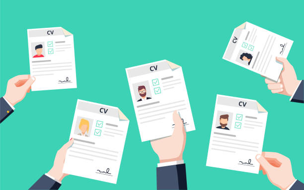 illustrations, cliparts, dessins animés et icônes de mains tenant des papiers de cv. concept de gestion des ressources humaines, la recherche de personnel professionnel - cv