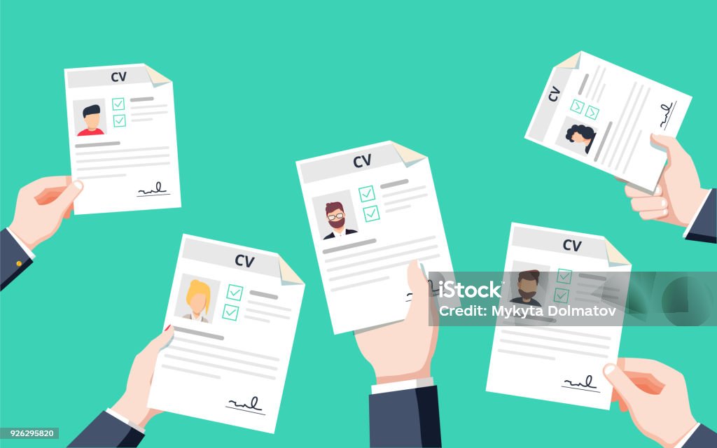 Hands holding CV papers. Human resources management concept, searching professional staff Hands holding CV papers. Human resources management concept, searching professional staff, analyzing resume papers, work. Flat vector illustration. Resume application for career position competition. Résumé stock vector