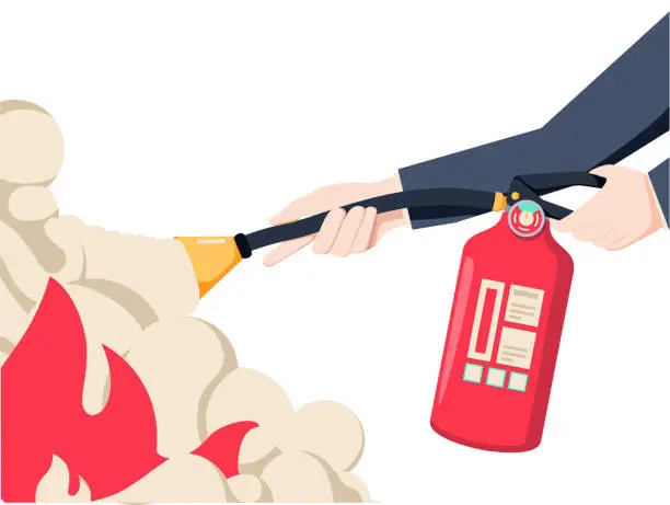 Vector illustration of Extinguish fire. Fireman hold in hand fire extinguisher. Vector illustration flat design. Isolated on white background.