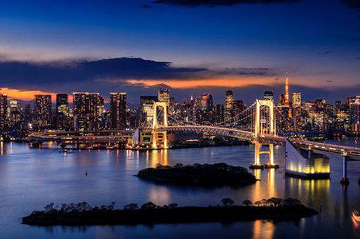 A HDR evening shot taken at sunset of the Tokyo skyline.