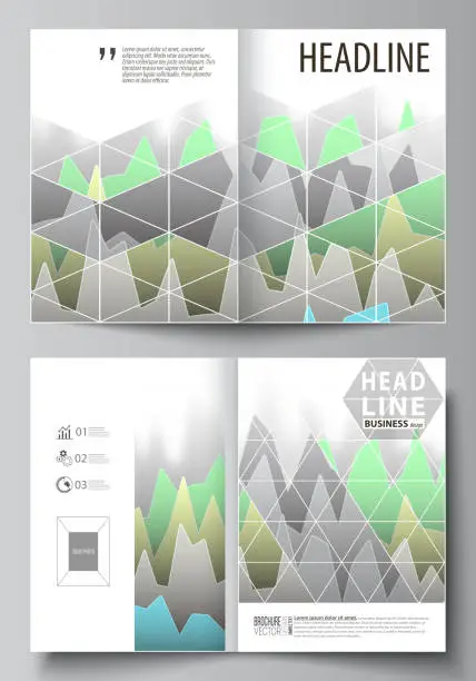 Vector illustration of The vector illustration of the editable layout of two A4 format modern cover mockups design templates for brochure, magazine, flyer. Rows of colored diagram with peaks of different height