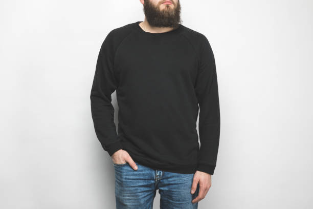 cropped shot of bearded man in black  isolated on white - camisa de moleton imagens e fotografias de stock