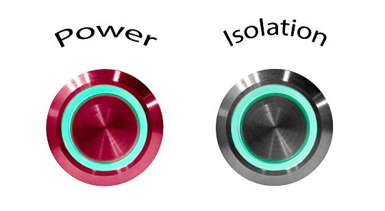 Power red button with word and circular green backlight and Insulation silver button on  white background
