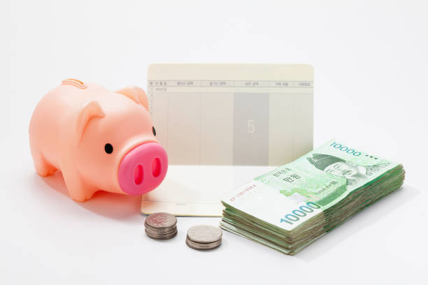 bankbook con alcancía, monedas y efectivo coreano - piggy bank savings pig currency fotografías e imágenes de stock