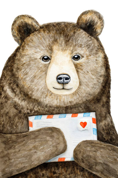 illustrations, cliparts, dessins animés et icônes de un ours brun tenant une enveloppe de courrier avec un cœur d’amour. - postal worker delivering mail post office