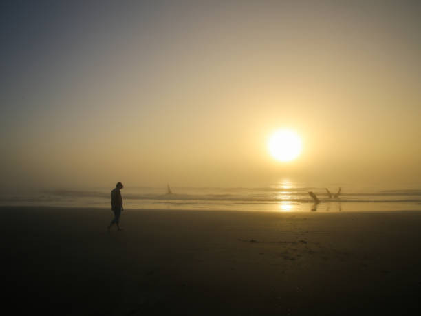 istock Solemn Sad Grieving Lonely Person Walking Beach at Sunrise 926338072