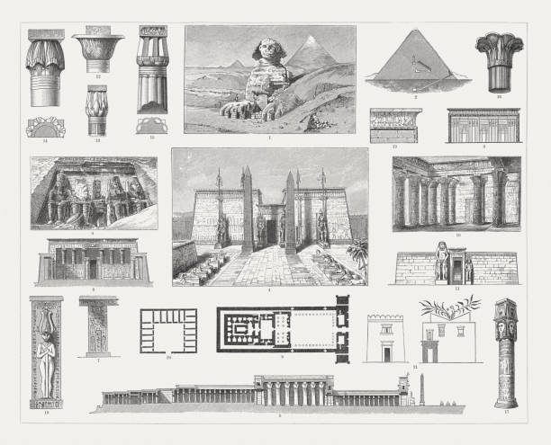 Egyptian architecture, wood engravings, published in 1897 Egyptian architecture: 1) Sphinx and the Pyramids of Giza; 2) Cross section of the Great Cheops pyramid; 3) Sarcophagus from the Pyramid of King Menkera (Minker) - one of the Pyramids of Giza; 4) Main facade of the Temple of Luxor; 5) Longitudinal cross section of the Temple of Luxor; 6) Abu Simbel temples; 7) Hathor pillar from Abu Simbel; 8) Forecourt of the Temple of Edfu; 9) Floor plan of the temple of Edfu; 10) Courtyard of the Temple of Philae; 11) Mortuary temple of Ramesses III at Medinet Habu, Thebes; 12) Calyx capital, Karnak temple, Luxor; 13) Lotus capital from Karnak temple; 14) Colomn from Temple of Philae; 15) Column from Medinet Habu, Thebes; 16) Palm capital from the Temple of Khnum at Esna; 17) Hathor pillar from Dendera; 18) Pillar from Medinet Habu; 19) Cornice; 20) Floor plan of a residential building; 21) Residential buildings (after murials). Wood engravings, published in 1897. medinet habu stock illustrations