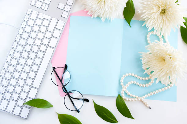 istock Office desk table with computer, supplies, flower and coffee cup. Top view. life style concept. copy space for text, selective focus flat lay. 926347900