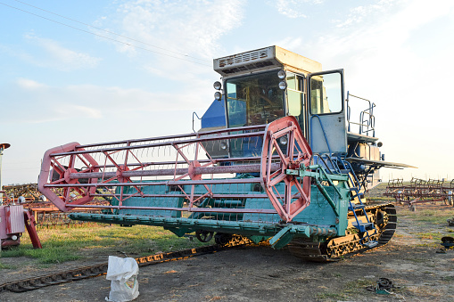 Poltavskaya village, Russia - September 06, 2017: Combine harvesters Agricultural machinery. The photo was taken at a parking lot of agricultural machinery near the village of Poltavskaya.