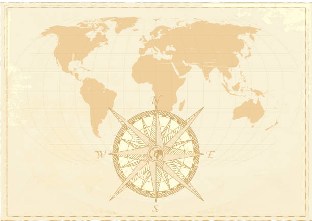 ilustraciones, imágenes clip art, dibujos animados e iconos de stock de mapa del mundo vintage - compass exploration map globe