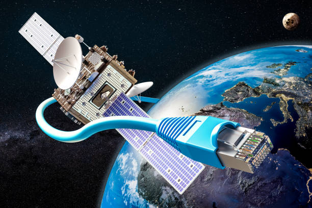 globale satelliten-internet-service-konzept, 3d rendering - digital signal stock-fotos und bilder