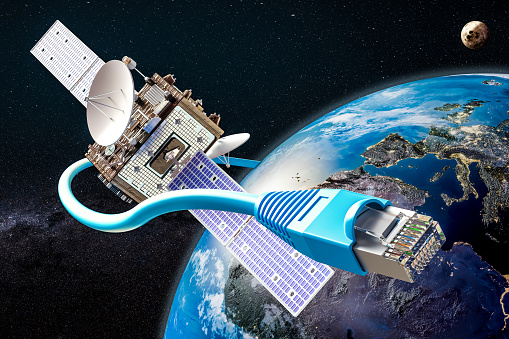 Global satellite internet service concept, 3D rendering. The source of the map - https://svs.gsfc.nasa.gov/3615
