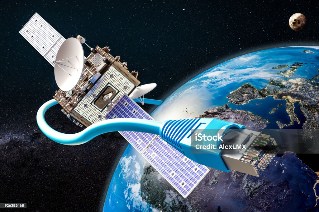 Global satellite internet service concept, 3D rendering Global satellite internet service concept, 3D rendering. The source of the map - https://svs.gsfc.nasa.gov/3615 Satellite Stock Photo