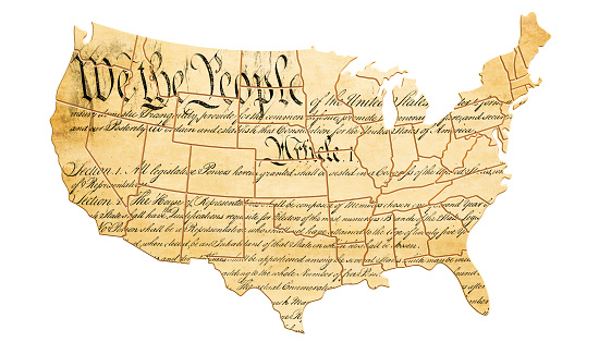 The United States Constitution concept with map and text . 3D rendering. The source of the map -  https://www.archives.gov/founding-docs/downloads