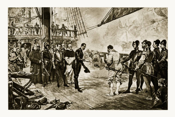 Spanish Surrendering to Sir Francis Drake Engraving Rare and beautifully executed Engraved illustration of The Admiral of the Spanish Armada Surrenders to Sir Francis Drake Engraving Rejects Falstaff Engraving Engraving from Great Men and Famous Women: A Series of Pen and Pencil Sketches, by Charles F. Horne and Published in 1894. Copyright has expired on this artwork. Digitally restored. spanish soldier stock illustrations