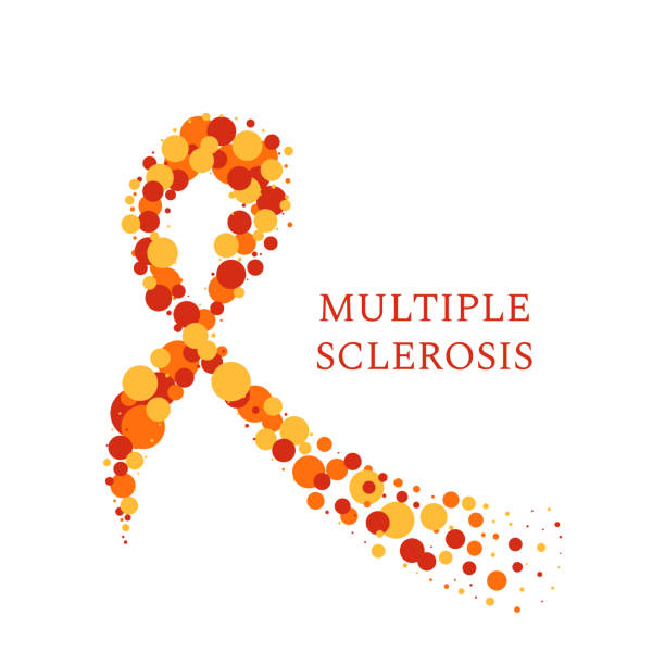Multiple sclerosis dotted ribbon Multiple sclerosis ribbon awareness poster with an orange bow made of dots on white background. Central nervous system disease. Medical concept. Vector illustration. malnourished stock illustrations