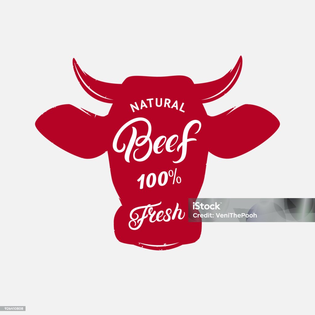 Beef label, print, poster for butcher shop, farmer market, steak house. Beef label, print, poster for butcher shop, farmer market, steak house. Red cow head silhouette. Beef, fresh hand written lettering. Vector illustration. Cow stock vector