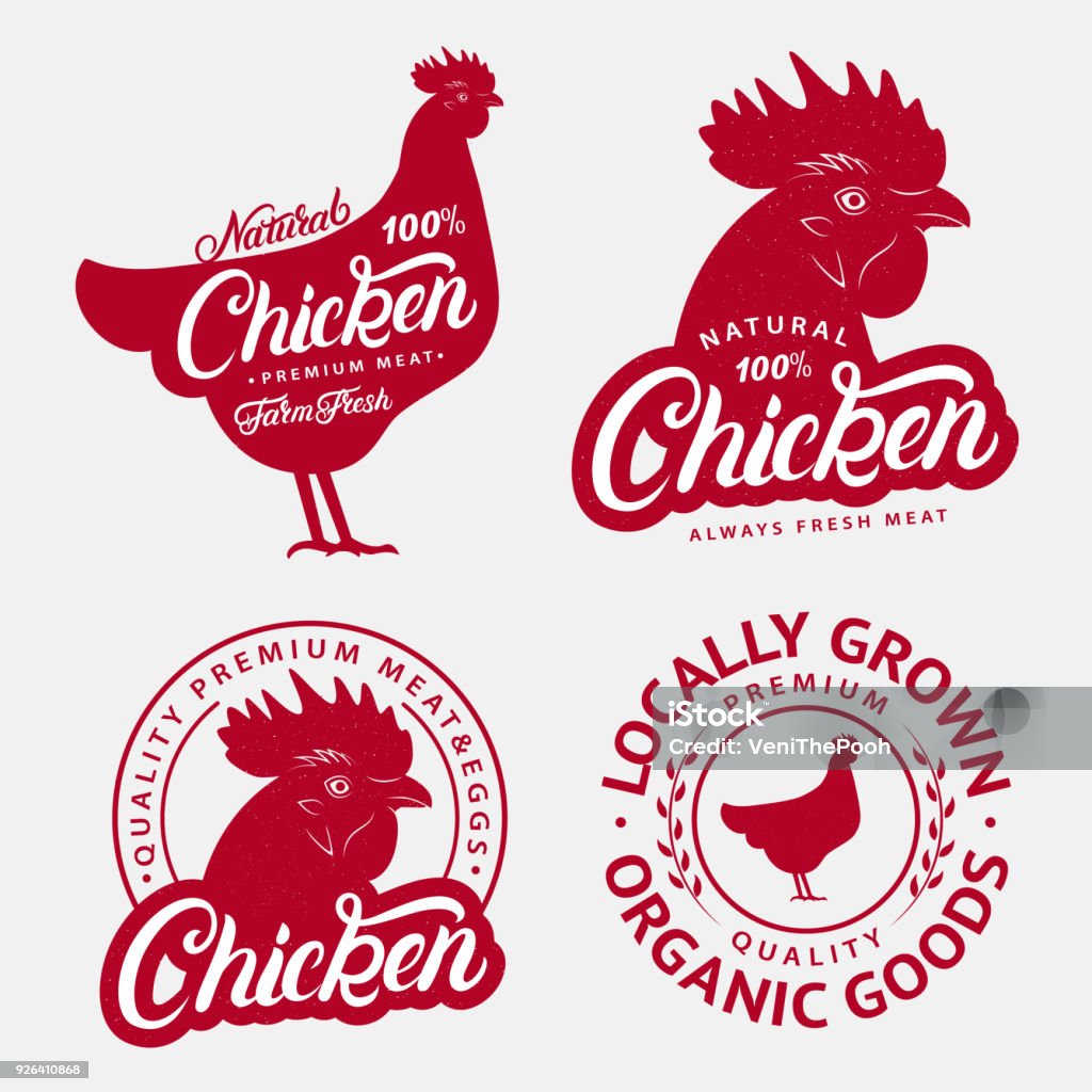 Set of Chicken labels, prints, posters for butcher shop, farmer market. Set of Chicken labels, prints, posters for butcher shop, farmer market, meat stores. Red hen head, body silhouettes. Chicken hand written lettering word. Vintage style. Vector illustration Chicken Meat stock vector