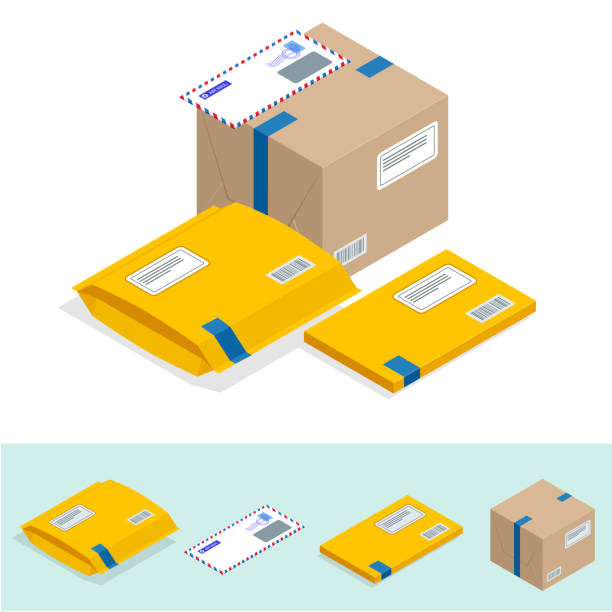 우체국, 우편 서비스, 통신 배달 아이콘의 포인트의 특성의 아이소메트릭 집합입니다. 우편 서비스 아이콘 - postal worker delivering mail post office stock illustrations