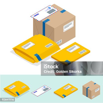 istock Isometric set of Post Office, attributes of postal service, point of correspondence delivery icons. Postal services icon 926411116