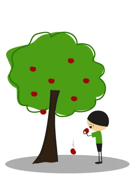 Vector illustration of Little boy eating apples under the apple tree - Full Color