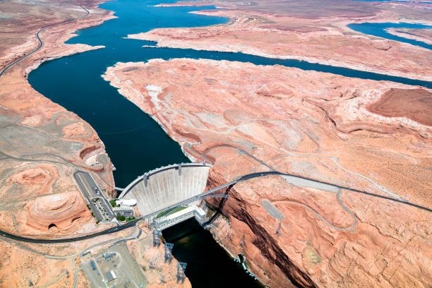 Glen Canyon Dam, Colorado River, Aerial View, Arizona, USA Glen Canyon Dam, Glen Canyon Dam Bridge, Colorado River, Highway 89,  aerial view, Page, Arizona, USA glen canyon dam stock pictures, royalty-free photos & images