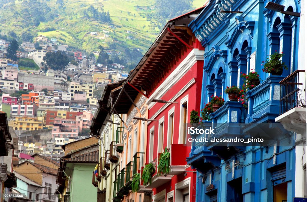 Colonial Style and Green Mountains View of the historical part of Quito in Ecuador Quito Stock Photo