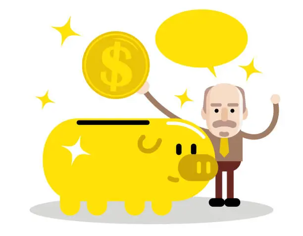 Vector illustration of Senior man and retirement plan, elderly businessman putting a large dollar sign coin currency into a piggy bank
