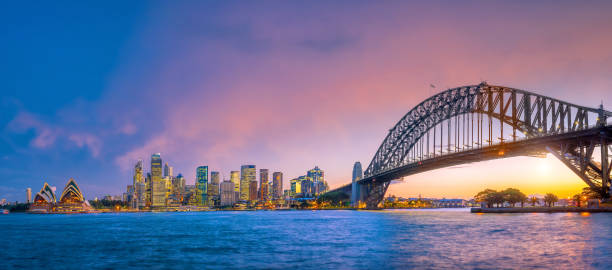 Downtown Sydney skyline Downtown Sydney skyline in Australia at twilight sydney sunset stock pictures, royalty-free photos & images