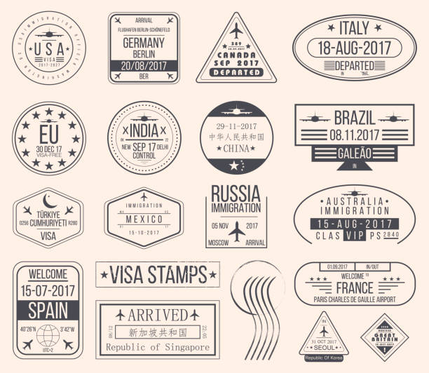 illustrazioni stock, clip art, cartoni animati e icone di tendenza di set di timbri internazionali per il visto. timbri per il passaporto del visto di viaggio vintage - stamps postage