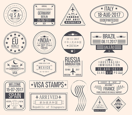 Set of international visa stamps. Vintage travel visa passport stamps. Vector