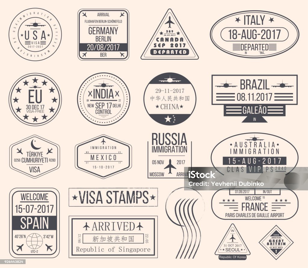 Set of international visa stamps. Vintage travel visa passport stamps Set of international visa stamps. Vintage travel visa passport stamps. Vector Passport Stamp stock vector