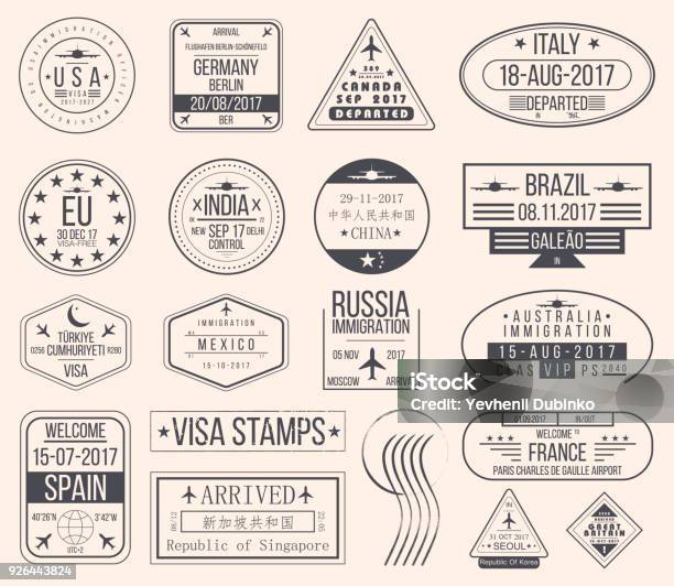 Set Of International Visa Stamps Vintage Travel Visa Passport Stamps Stock Illustration - Download Image Now