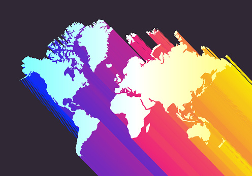 Abstract colorful perspective world map background. High resolution jpeg file included (300dpi).