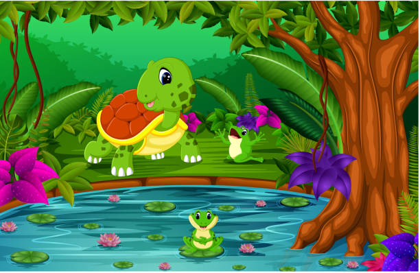 turtle and frog in the jungle with lake scene illustration of turtle and frog in the jungle with lake scene wood turtle stock illustrations