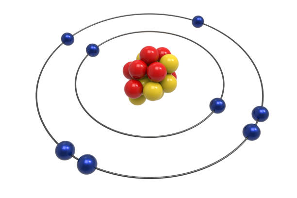 bohr model of oxygen atom with proton, neutron and electron - proton imagens e fotografias de stock