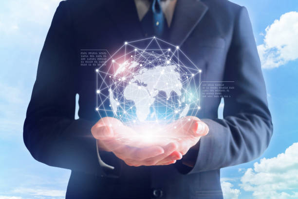 istock Businessman in hands touching digital global network. 926467114