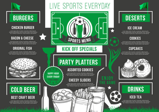 ilustrações, clipart, desenhos animados e ícones de futebol de vetor bar menu de refeições do futebol cerveja pub - american football football food snack