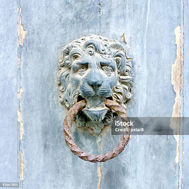 Lion Door Knockers Stock Photo - Download Image Now - Animal Head, Animal Mane, Blue