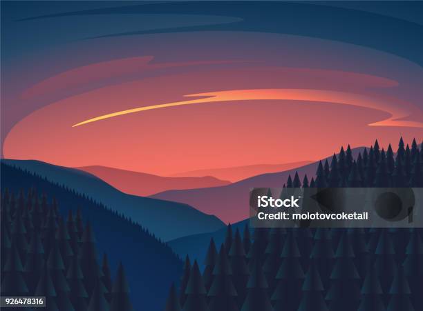 Clean Minimalist Sunset Nature Illustration With Mountain And Tree Stock Illustration - Download Image Now